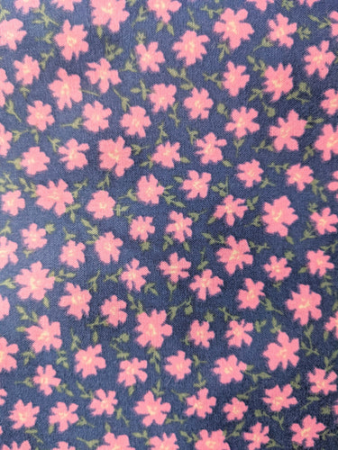 Blue Poly Cotton Fabric, Pink Flower Garden Fabric, Floral Fabric